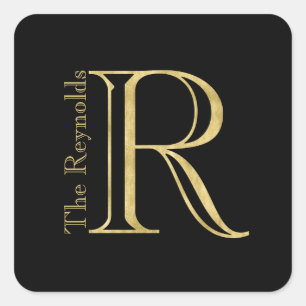 Goldmonogramm R und Name auf einer beliebigen Farb Quadratischer Aufkleber