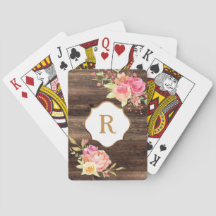 Goldmonogramm rosa Blumen rustikales braunes Holz Spielkarten
