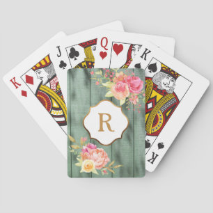Goldmonogramm rosa Blumen rustikales grünes Holz Spielkarten