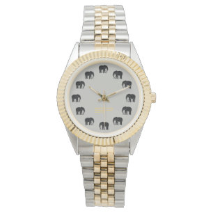Goldmonogramm-Schwarz-Elefant-Ziffern auf Silber Armbanduhr