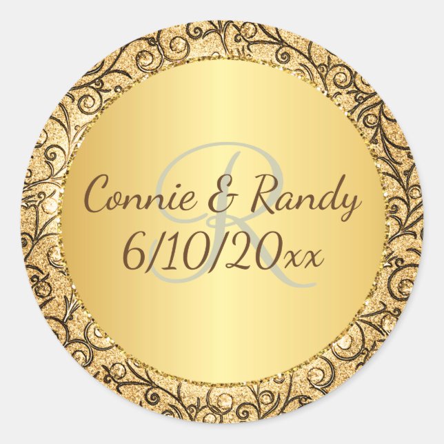 Goldmuster-Monogramm-Hochzeitsticker Runder Aufkleber (Vorderseite)