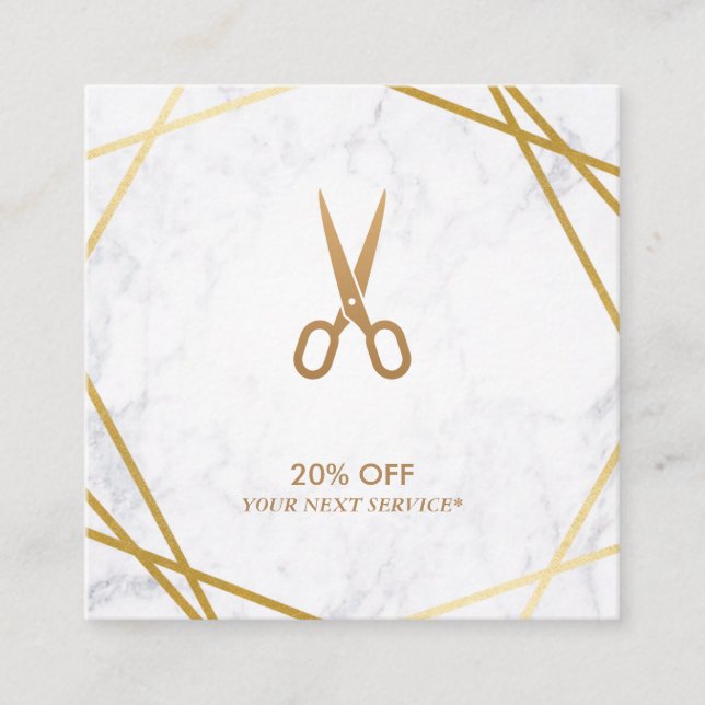 Goldmuster-Schere Marmor-HairStylist-Rabatt Quadratische Visitenkarte (Vorderseite)