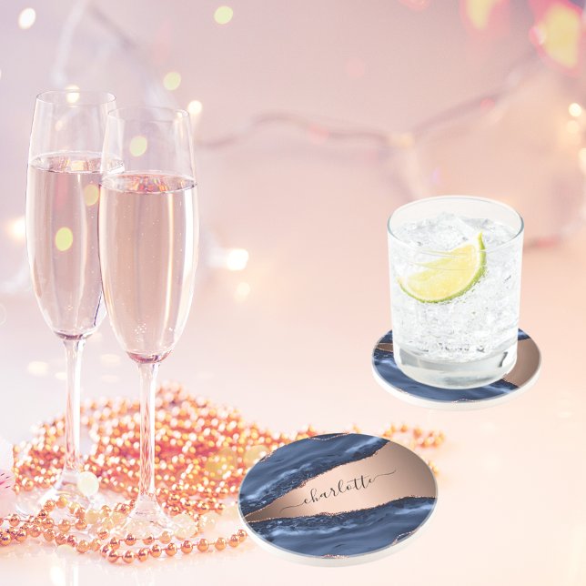 Goldnamensskript der Rose Blauer Marmor Getränkeuntersetzer (Von Creator hochgeladen)