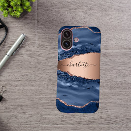 Goldnamensskript der Rose Blauer Marmor iPhone 16 Hülle