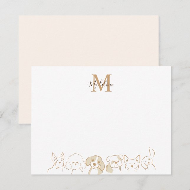 Goldneutraler Pop Hundeschema Elegantes Monogramm Mitteilungskarte (Vorne/Hinten)