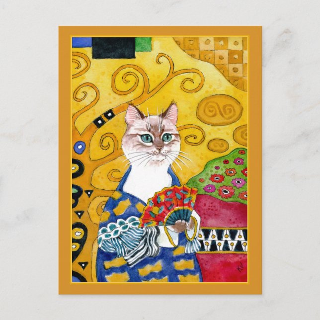 Goldniedliche Katze Gustav Klimt mit Fan Postkarte (Vorderseite)