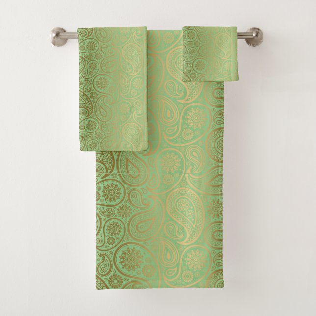 Goldpaisley-Muster, grüner Hintergrund Badhandtuch Set (Insitu)