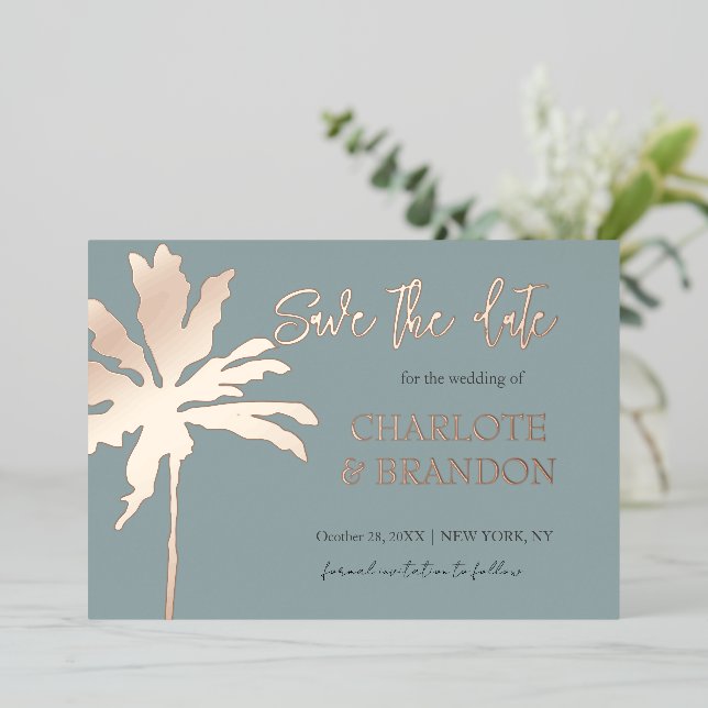 Goldpalm Tree Beach Hochzeit Save the Date Folieneinladung (Stehend vorne)