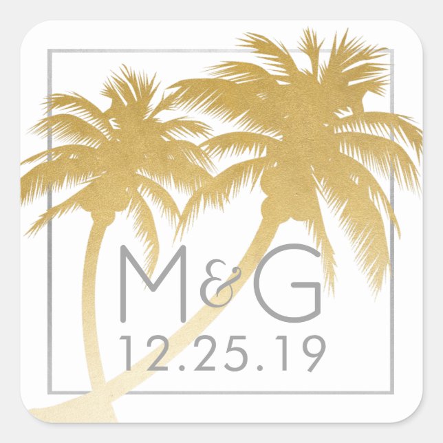 Goldpalm Tree Beach Hochzeitsticker Quadratischer Aufkleber (Vorderseite)
