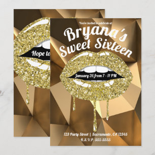 Goldparty Luxus Glitter Triefende Lippen Sweet 16 Einladung