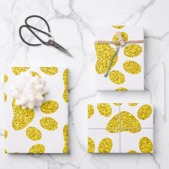 Goldpaw-Druckmuster Golden White Niedlich Glittery Geschenkpapier Set (Vorderseite)