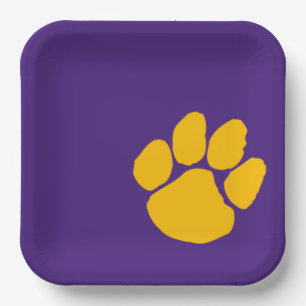 Goldpawprint auf Lila Papier Party-Tellern Pappteller