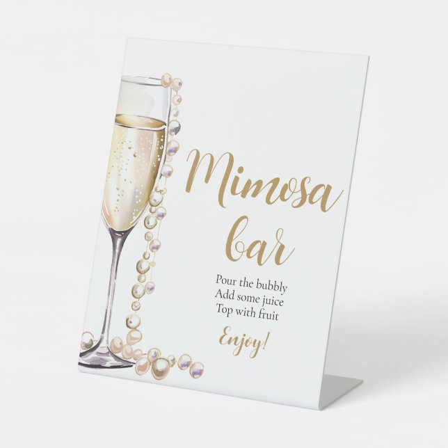 Goldperlen und Prosecco Champagner Mimosa Bar Sign Sockelschild (Vorderseite)
