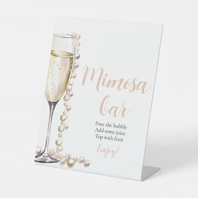 Goldperlen und Prosecco Champagner Mimosa Bar Sign Sockelschild (Vorderseite)