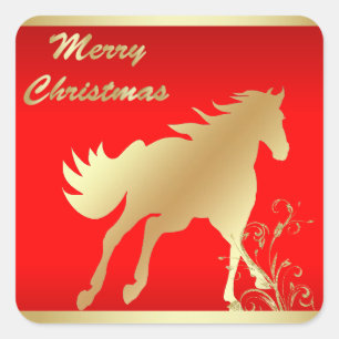 Goldpferd auf roten frohen Weihnachten Quadratischer Aufkleber