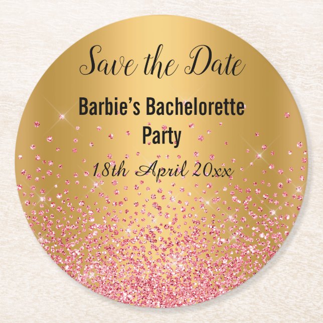GOLDPINK SPARKLE ELEGANT SAVE THE DATE RUNDER PAPPUNTERSETZER (Vorderseite)
