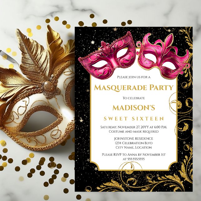 Goldpinke Geburtstagsmasquerade Party Einladung (Pink and gold masks masquerade party invitation front view.)
