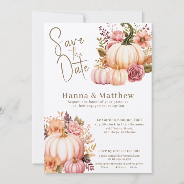 Goldpinke Wasserfarbenkürbis - Rose Save the Date Einladung (Vorderseite)