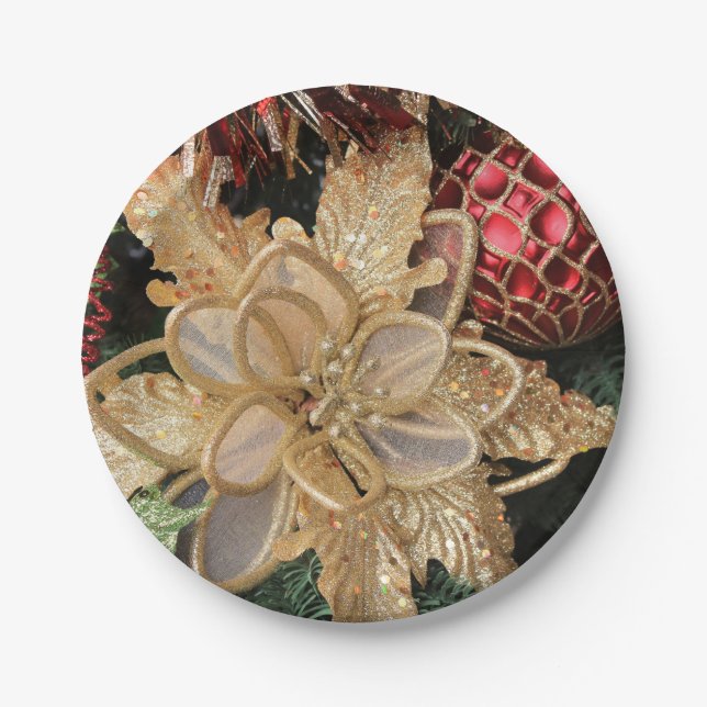 Goldpoinsettia-Weihnachtspapier-Teller Pappteller (Vorderseite)