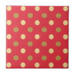 Goldpolka-Punktmuster auf rot Fliese<br><div class="desc">Gold tönt Polka Punkte auf einem roten Hintergrund.</div>