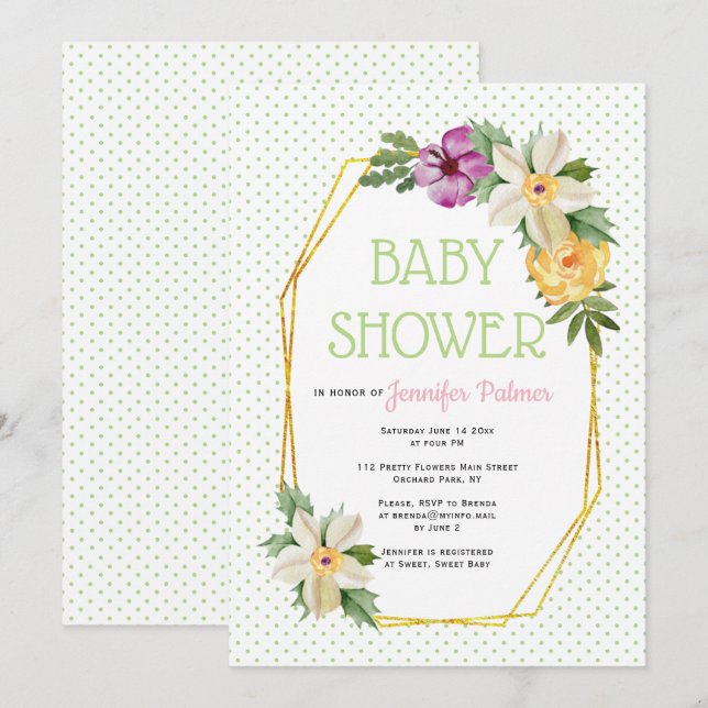 Goldpolygon, Blume Polka dot florale Babydusche Einladung (Vorne/Hinten)