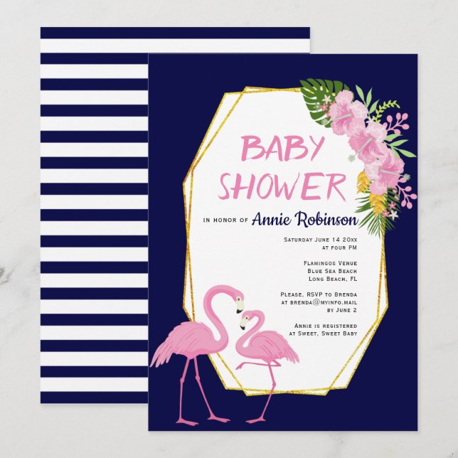 Goldpolygon, flamingos-blaue Babydusche Einladung (Vorne/Hinten)