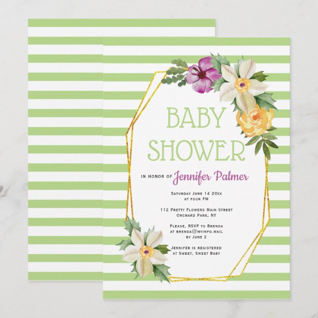 Goldpolygon und Blume Blumengrün Babydusche Einladung (Vorne/Hinten)