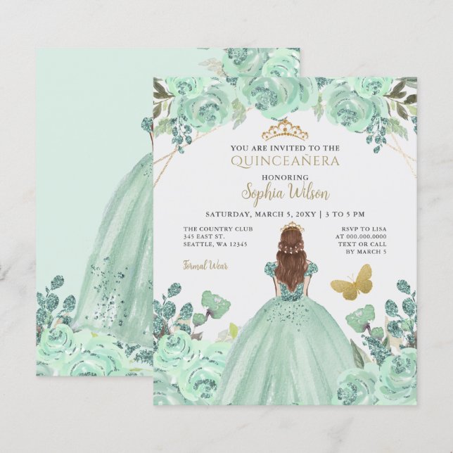 Goldprinzessin Quinceañera Einladung (Vorne/Hinten)