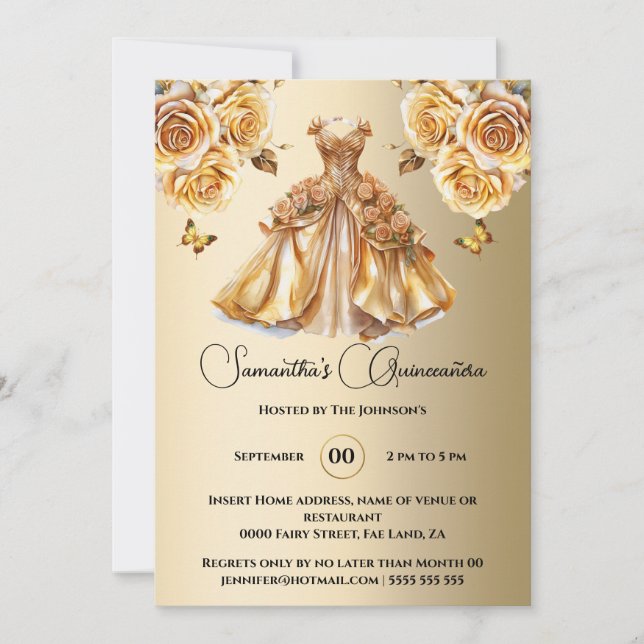 Goldprinzessin Quinceañera Schmetterling Ballgow R Einladung (Vorderseite)