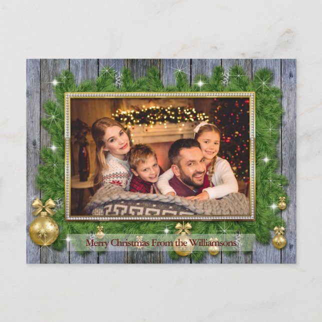 Goldrahmen auf Pine Weathered Wood Christmas Foto Postkarte (Vorderseite)