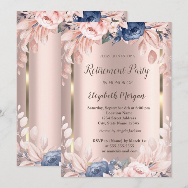 Goldrahmen, Blüten Rose Gold Rente Einladung (Vorne/Hinten)