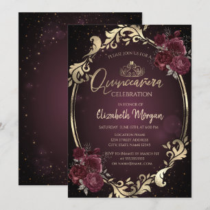 Goldrahmen Burgund Rose Dunkle Quinceañera Einladung
