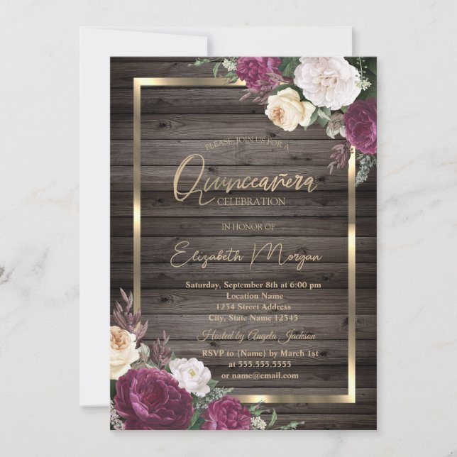 Goldrahmen Burgundy Rose Holz Quinceañera Einladung (Vorderseite)