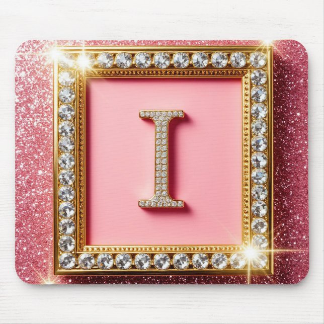 Goldrahmen Diamant Initiale I Rosa Glitter Monogra Mousepad (Vorne)