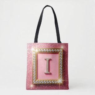 Goldrahmen Diamant Initiale I Rosa Glitter Monogra Tasche