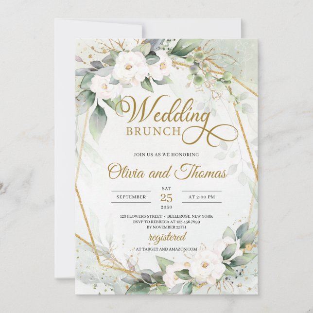 Goldrahmen-Hochzeit von Rosen Eukalyptus Einladung (Vorderseite)