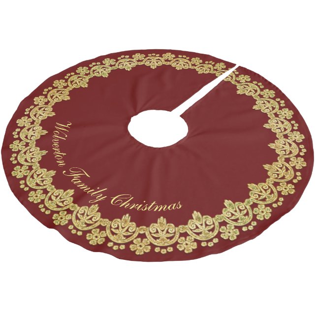 Goldrahmen-Luxus auf rotem personalisiertem Polyester Weihnachtsbaumdecke (Schrägansicht)