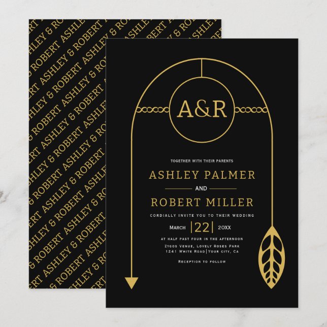Goldrahmen mit Blatt, Initialen schwarze Hochzeit Einladung (Vorne/Hinten)