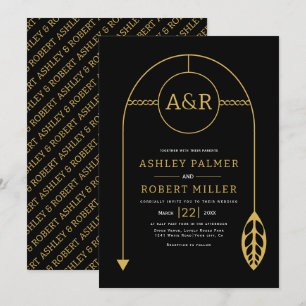Goldrahmen mit Blatt, Initialen schwarze Hochzeit Einladung