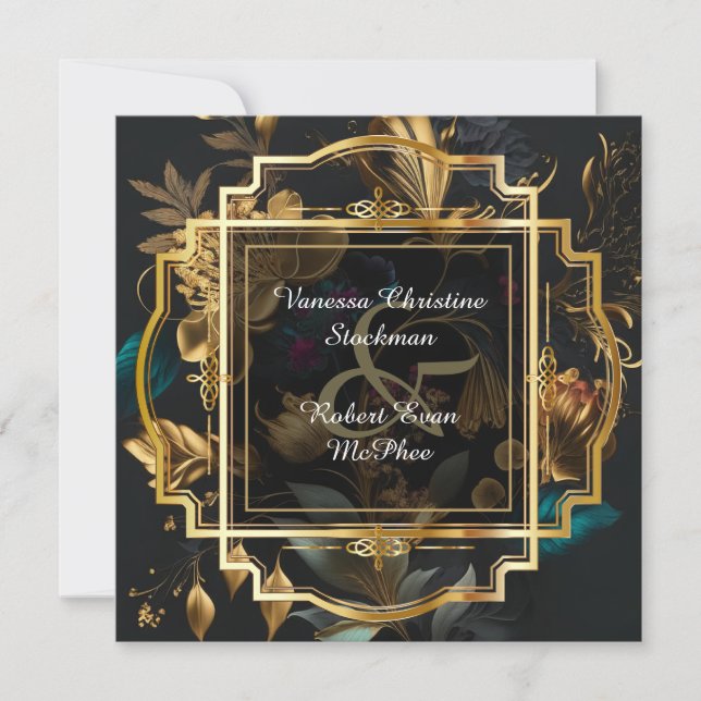 Goldrahmen mit Blume zum Hochzeitsempfang Einladung (Vorderseite)