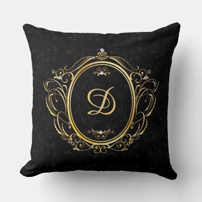 Goldrahmen-Monogramm mit schwarzem Damast-Hintergr Kissen (Vorderseite)