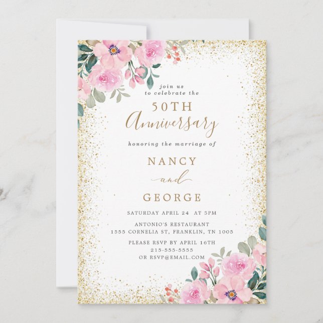 Goldrahmen Rosa Blütenblume 50. Hochzeitstag Einladung (Vorderseite)