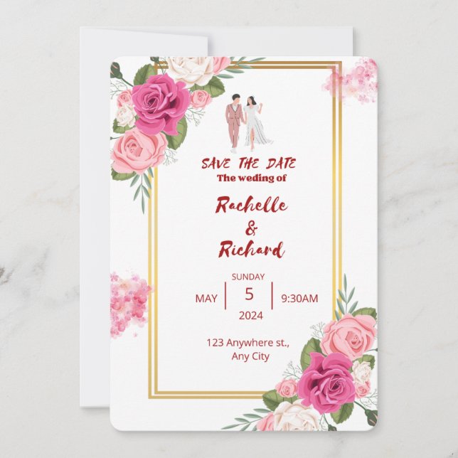 Goldrahmen Rosa Blütenhochzeit Einladung (Vorderseite)