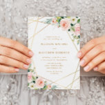 Goldrahmen Rosa Blütenhochzeit Einladung<br><div class="desc">Ein wunderschönes Design mit hübsch handgemalten,  rosafarbenen Blume in Aquarellfarbe und einem modernen geometrischen Imitat mit goldenem Rahmen mit Text in der Mitte. Die Text- und die rosa Rückenfarbe können zusammen mit anderen Features dieser Vorlage bearbeitet werden.</div>