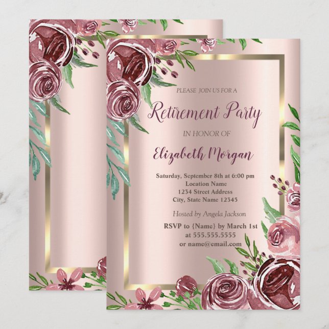 Goldrahmen, Rose Gold Burgund Rose Rückzahlung Einladung (Vorne/Hinten)