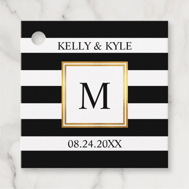 Goldrahmen Schwarz-weiße Streifen Monogram Wedding Geschenkanhänger (Vorderseite)