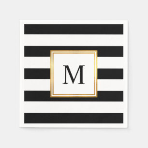 Goldrahmen Schwarz-weiße Streifen Monogram Wedding Serviette