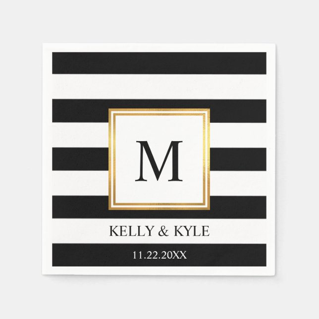 Goldrahmen Schwarz-weiße Streifen Monogram Wedding Serviette (Vorderseite)