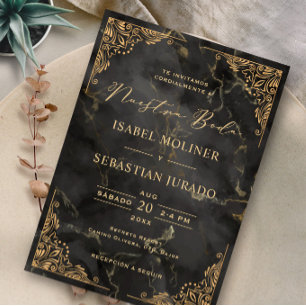Goldrahmen schwarzer Marmor Nuestra boda Spanisch Einladung