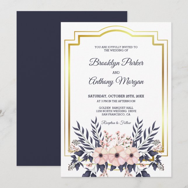 Goldrahmen und Blume Bouquet Wedding Einladung (Vorne/Hinten)
